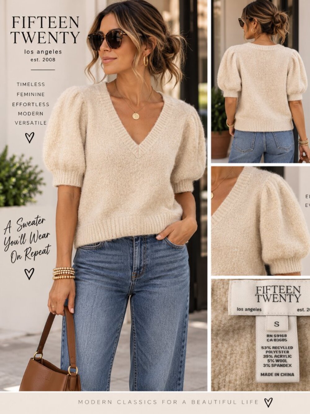 Fifteen Twenty Bennett Sweater S Cream Fuzzy Puff Sleeve V Neck Wool Blend